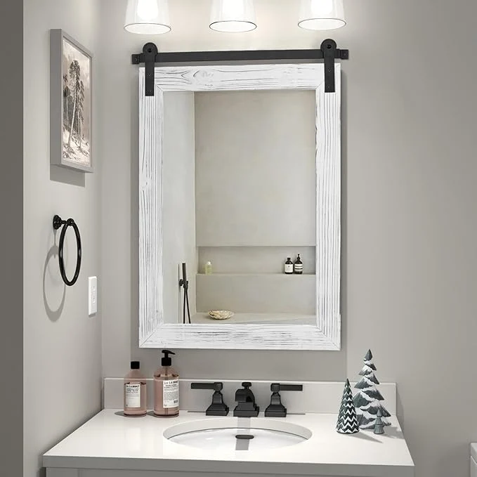 Flexible COGOOD Farmhouse Bathroom Mirror - 30 x 21 Rustic Wood Framed Wall Barn Door Mirror for Entryway Living Room Vanity Wall Decor White About ThisOverview Green