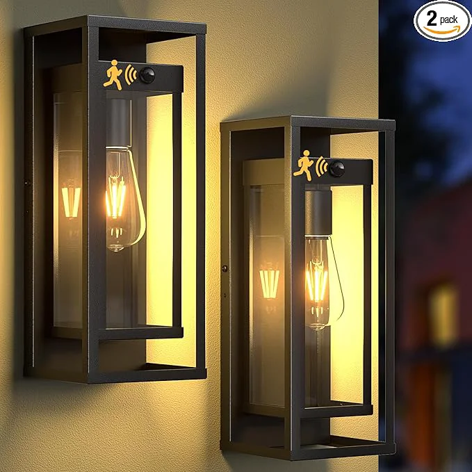 Contemporary Motion Sensor Outdoor Wall Light 2Pack-15in Modern Dusk to Dawn Porch Sconce Wall Mounted Waterproof Exterior Lighting Fixture E26 Black Lantern for Outside House Garage EntrywayAbout ThisOverview Official