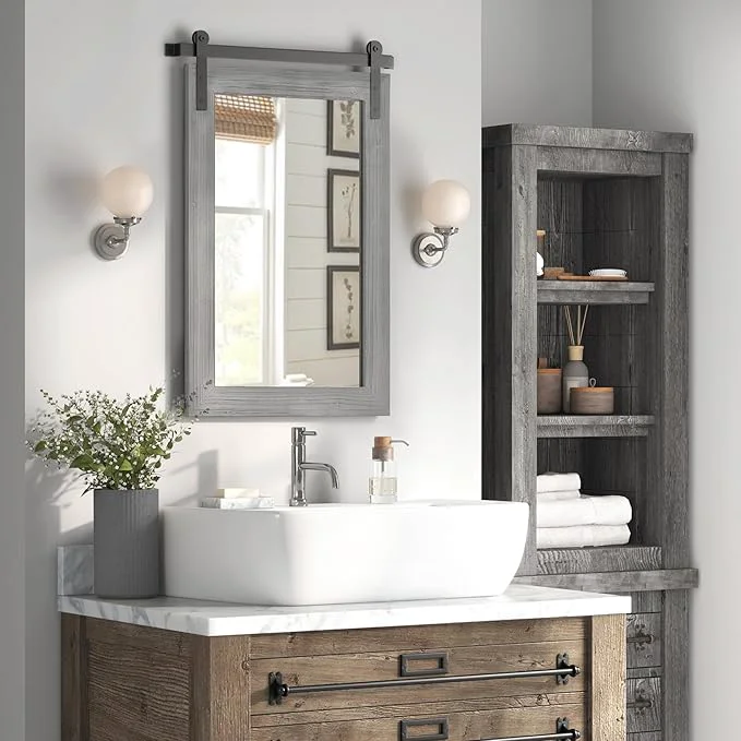 Modern COGOOD Farmhouse Bathroom Mirror - 42 x 29 Rustic Barn Door Style Mirror for Living Room Entryway Vanity Wall Decor Grey About ThisOverview Eco-Friendly