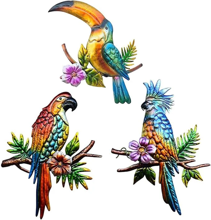 Lightweight Voumsil 3 PCS Metal Birds Wall Decor Parrot Toucans Tropical Wall Art Outdoor Wall Sculpture for Patio Balcony Garden Fence Wall Decor for Bedroom Living Room Indoor Wall HangingAbout This Sustainable