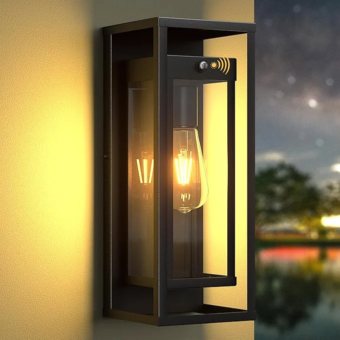 Outstanding 15in Dusk to Dawn Outdoor Wall Sconce-Black Modern Exterior Lighting Fixture Waterproof Porch Lights Large Outside Lantern Wall Mounted for Coach Doorway Patio E26 BaseAbout ThisOverview Practical