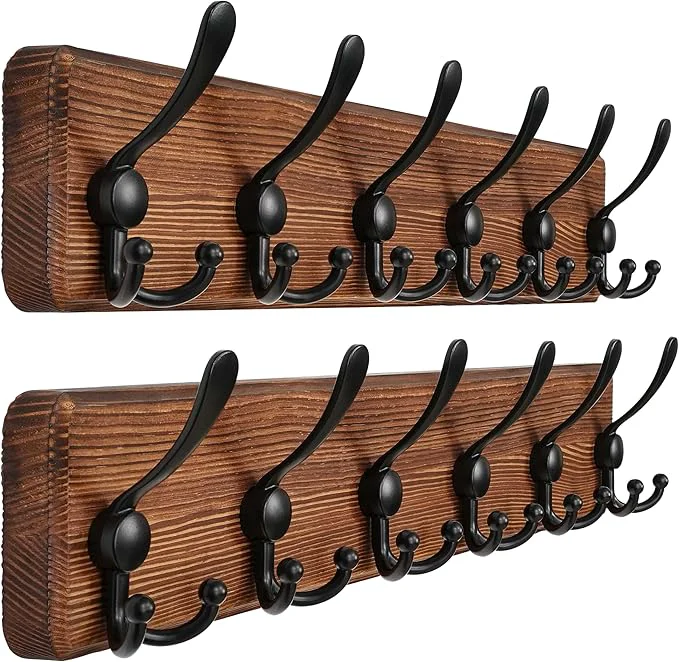 Elegant Dseap Coat Rack Wall Mounted - 24 Long 6 Tri Hooks Heavy Duty Wooden Wall Coat Hanger Coat Hook for Clothes Hat Jacket Clothing Natural and Black Pack of 2About ThisOverview Fine Crafted