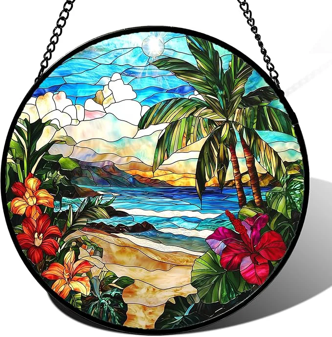 High-Grade Stained Glass Window Hanging Blue Beach Scenery Suncatcher Diamond Glass Panel Hangings Sun Catchers Decor for Birthday for Women Men Wife Aunt and Mom 14.9x14.9 inAbout This Exclusive