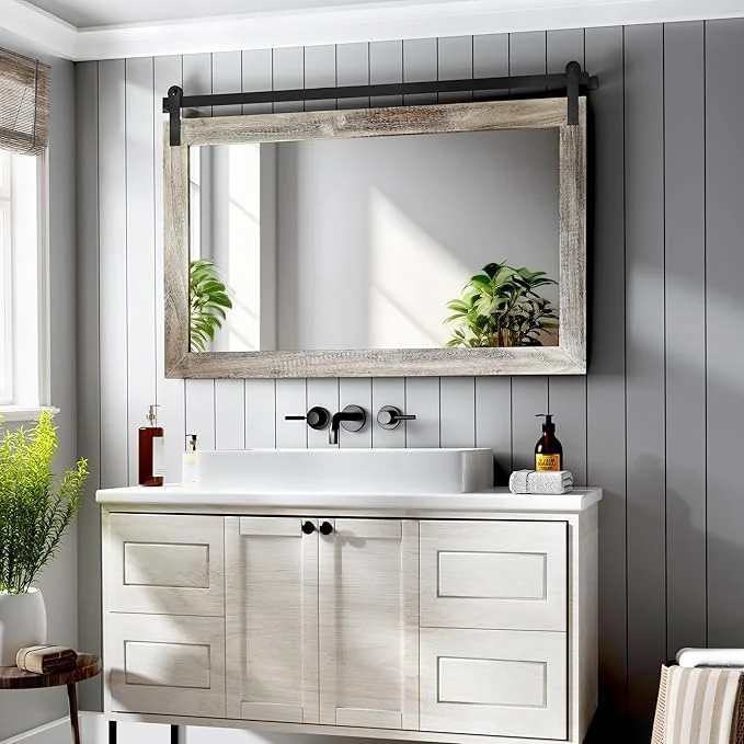 Breathable COGOOD Farmhouse Barn Door Mirror - 41 x 26 Rustic Wood Framed Wall Mirror for Bathroom Living Room Entryway Wall Decor Yellow White About ThisOverview Recyclable