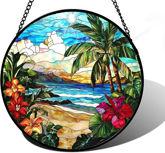 Verified Stained Glass Window Hanging Blue Beach Scenery Suncatcher Diamond Glass Panel Hangings Sun Catchers Decor for Birthday for Women Men Wife Aunt and Mom 9.8 inAbout This Certified