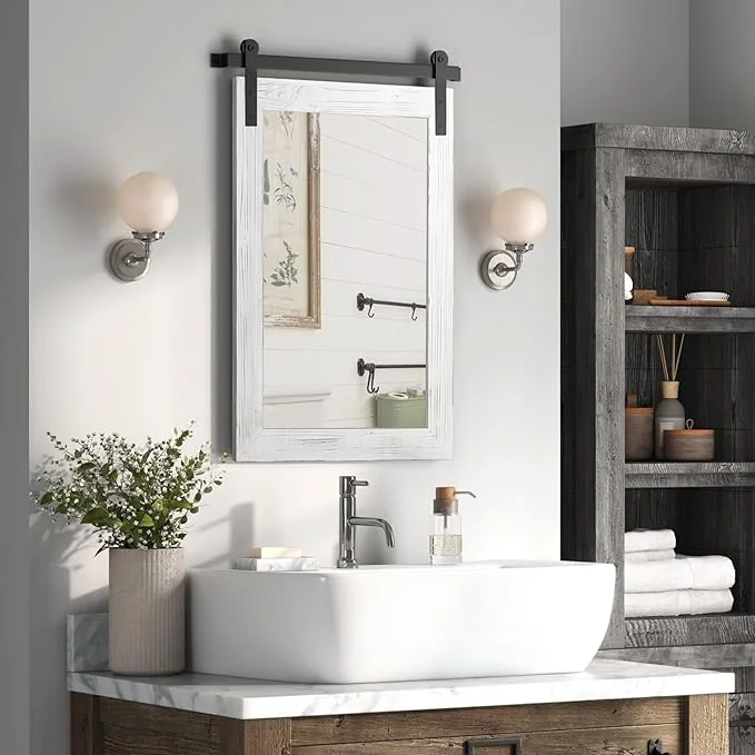 Elite COGOOD Farmhouse Barn Door Mirror - 38 x 25 Rustic Wood Framed Wall Mirror for Bathroom Living Room Entryway Wall Decorative White About ThisOverview Stylish