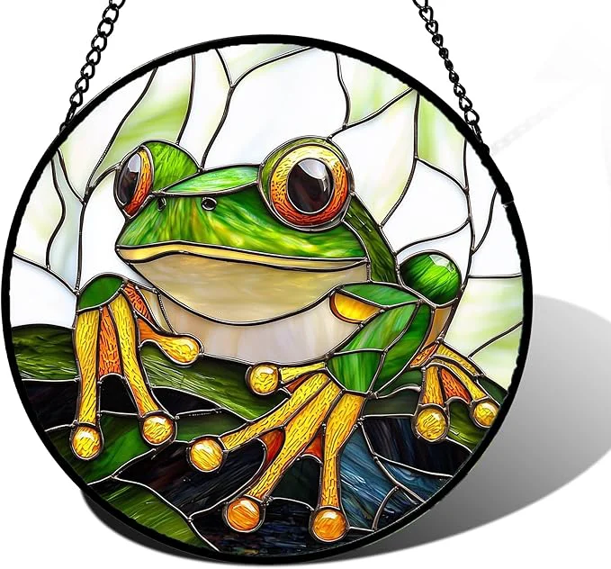 Soft Stained Glass Window Hanging Green Frog White Petals Sun Catchers Colorful Glass Panel Cute Suncatcher Decor for Birthday for Women Men Wife Aunt and Mom 9.8 inAbout This Elegant