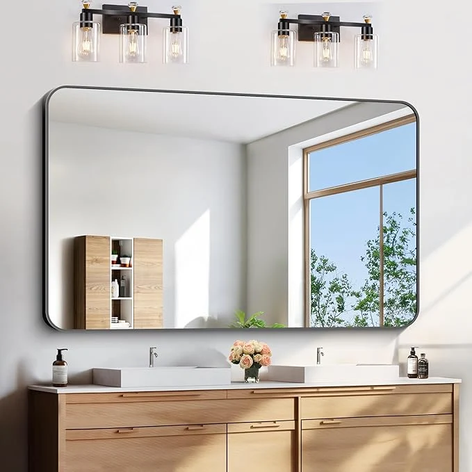 Genuine FORBATH Large Bathroom Mirror 60x36 Inches Black Oversized Wall Mirror for 2 Sinks Aluminum Frame Wall Mounted Rounded Corner Morndern Mirror for Bathroom Bedroom Entryway Living RoomAbout ThisOverview Comfortable
