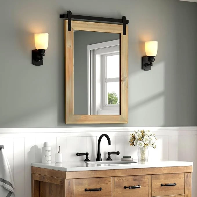 Reliable COGOOD Farmhouse Barn Door Mirror - 21 x 30 Rustic Wood Framed Wall Mirror for Bathroom Living Room Entryway Wall Decor Burlywood About ThisOverview Contemporary