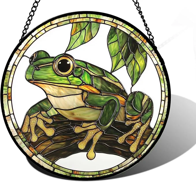Pure Stained Glass Window Hanging Frog Green Leaf Sun Catchers Colorful Glass Panel Cool Suncatcher Decor for Birthday for Women Men Wife Aunt and Mom 7.8 inAbout This Excellent