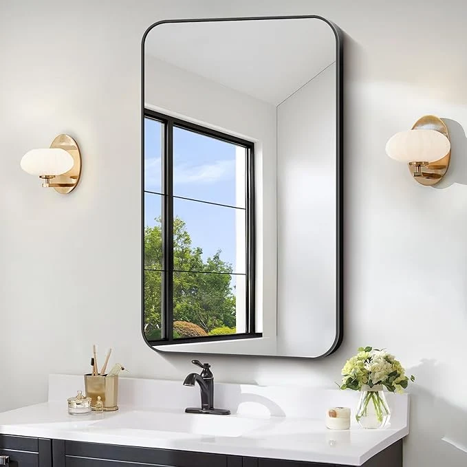 Efficient FORBATH Bathroom Mirror for Over Sink 24x40 Inch Black Rectanglar Wall Mirror with Metal Frame Rounded Corners for Bathroom Bedroom Entryway Decor Horizontal or Vertical About ThisOverview Solid