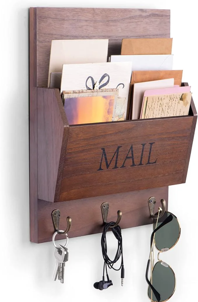 Recyclable DLQuarts Mail Organizer with Key Holder for Wall Decorative Mail Sorter Wall Mounted Wooden Mail Holder with 3 Hooks Dark BrownAbout ThisOverview Luxury