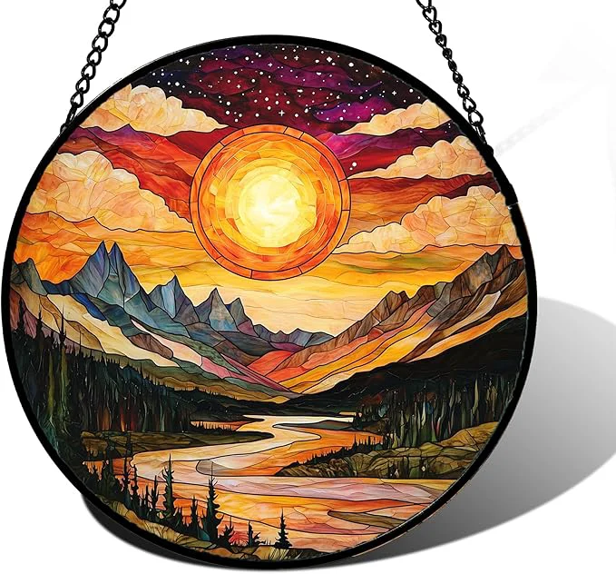 Authentic Stained Glass Window Hanging Dusk Sunset Landscape Sun Catchers Glass Panel Lakes and Mountains Suncatcher Decor for Birthday for Women Men Wife Aunt and Mom 7.8 inAbout This High-Grade