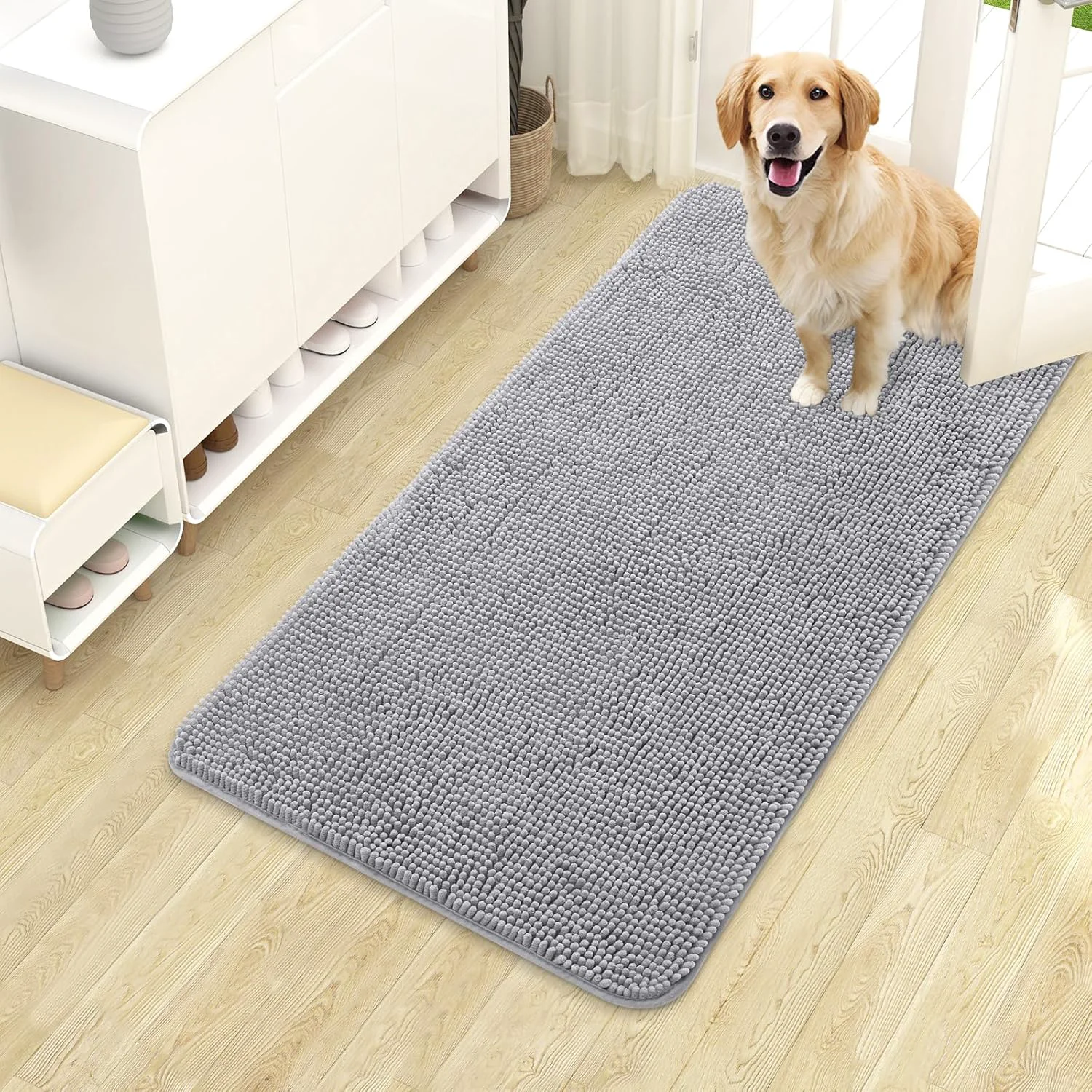 Stylish OLANLY Dog Door Mat for Muddy Paws 40x24 Absorbs Moisture and Dirt Absorbent Non-Slip Washable Doormat Quick Dry Chenille Mud Mat for Dogs Entry Indoor Entryway Carpet for Inside Floor Light Grey Artisan