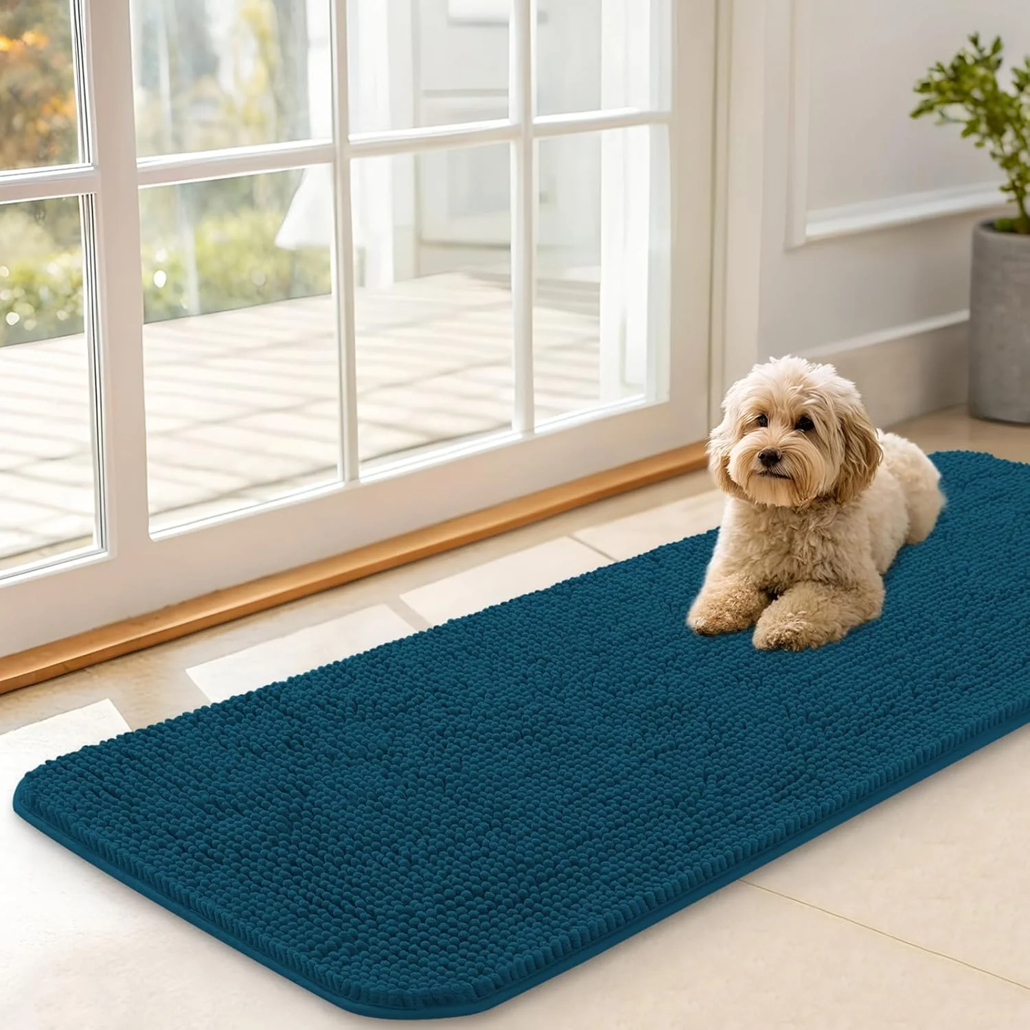 Certified OLANLY Dog Door Mat for Muddy Paws 47x17 Absorbs Moisture and Dirt Absorbent Non-Slip Washable Doormat Quick Dry Chenille Mud Mat Entry Indoor Entryway Carpet for Inside Floor Atlantic Blue Luxury
