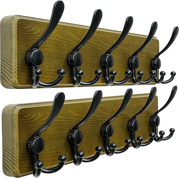 Smart Dseap Coat Rack Wall Mount - Heavy-Duty Robust Barnwood-Style Wooden Wall Coat Hanger Hook Rail with 5 Triple Hooks for Winter Coats Hat Jacket Clothing Weathered Green Black Pack of 2About ThisOverview Detailed