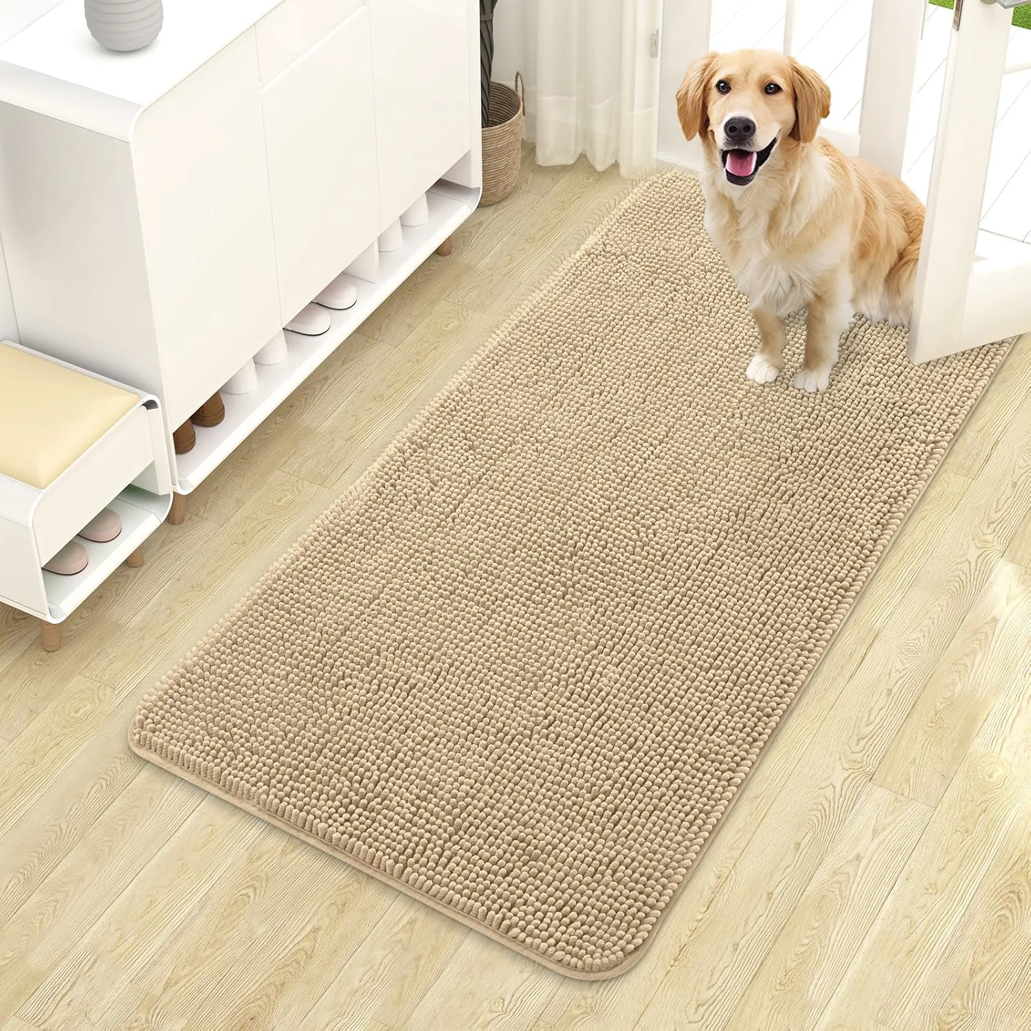 Safe OLANLY Dog Door Mat for Muddy Paws 44x24 Absorbs Moisture and Dirt Absorbent Non-Slip Washable Doormat Quick Dry Chenille Mud Mat for Dogs Entry Indoor Entryway Carpet for Inside Floor Beige Authentic