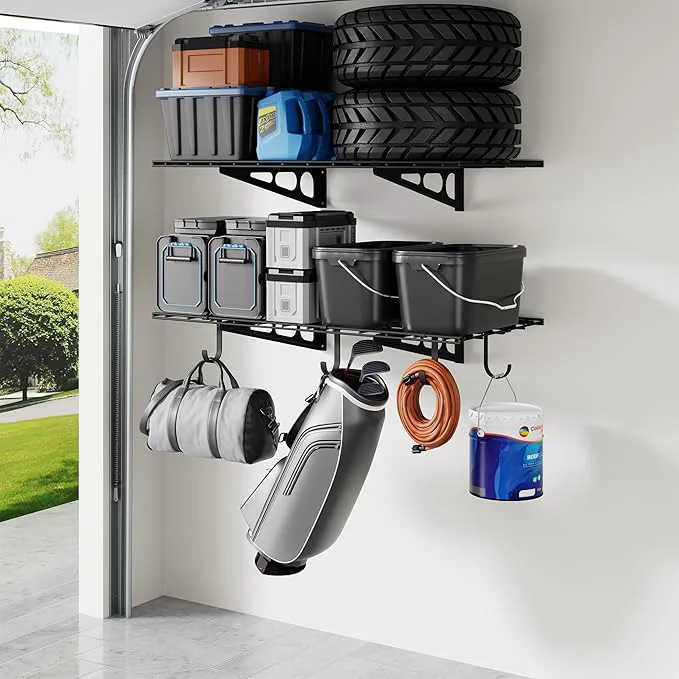 Authentic FLEXIMOUNTS 2-Pack 2x4ft Garage Shelving with Hooks 24-inch-by-48-inch Wall Shelf Garage Storage Racks Floating Shelves Black Classic SeriesAbout ThisOverview Stylish