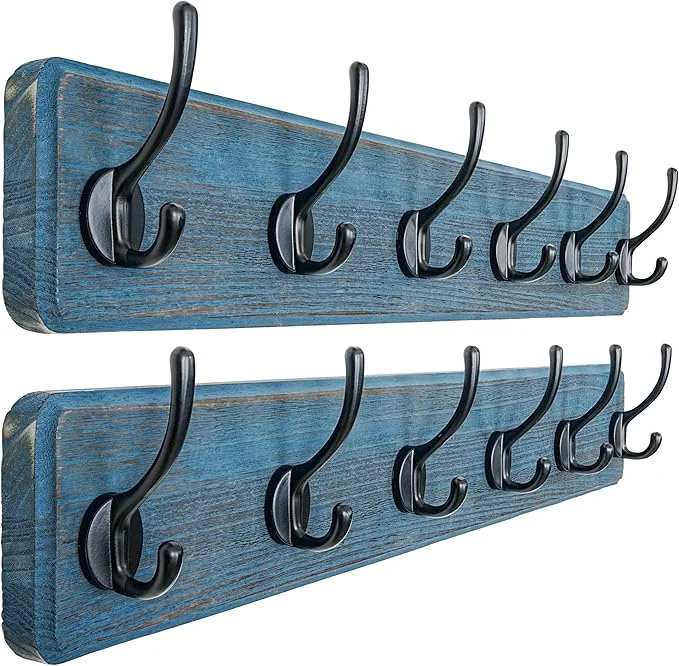 World-Class Dseap Coat Rack Wall 24 Long Patented Heavy-Duty 6-Double-Hooks Wooden Wall Mounted Coat Rack Coat Hanger Hook Rail for Winter Coats Hat Jacket Clothing Weathered Blue Pack of 2About ThisOverview Stylish