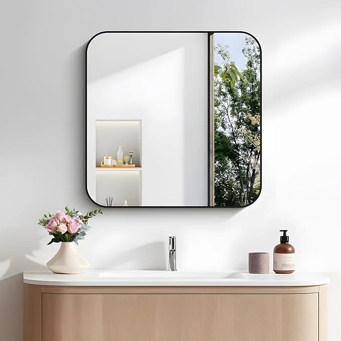 Functional FORBATH Bathroom Mirror for Over Sink 24x24 Inch Black Square Wall Mirror with Metal Frame Rounded Corners for Bathroom Bedroom Entryway DécorAbout ThisOverview Reliable