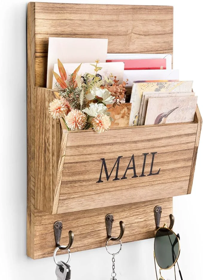 Fashionable DLQuarts Mail Organizer with Key Holder for Wall Decorative Mail Sorter Wall Mounted Wooden Mail Holder with 3 Hooks Carbonized BrownAbout ThisOverview Natural