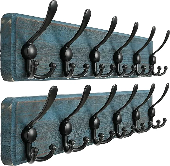 Efficient Dseap Coat Rack Wall Mounted - 24 Long 6 Tri Hooks Heavy Duty Wooden Wall Coat Hanger Coat Hook for Clothes Hat Jacket Clothing Weathered Blue and Black Pack of 2About ThisOverview Practical