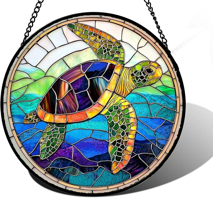 Detailed Stained Glass Window Hanging Colored Turtle Ocean Suncatcher Diamond Glass Panel Hangings Marine Life Sun Catchers Decor for Birthday for Women Men Wife Aunt Mom 15x15 inAbout This High-Grade