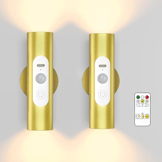 Enhanced WOBSION Motion Sensor Wall Light with Remote Control Rechargeable Wireless Wall Sconce Brightness Adjustable 3 Color Mode Indoor Lamp for Hallway Bedroom Picture LED Gold 2 PackAbout ThisOverview Responsible