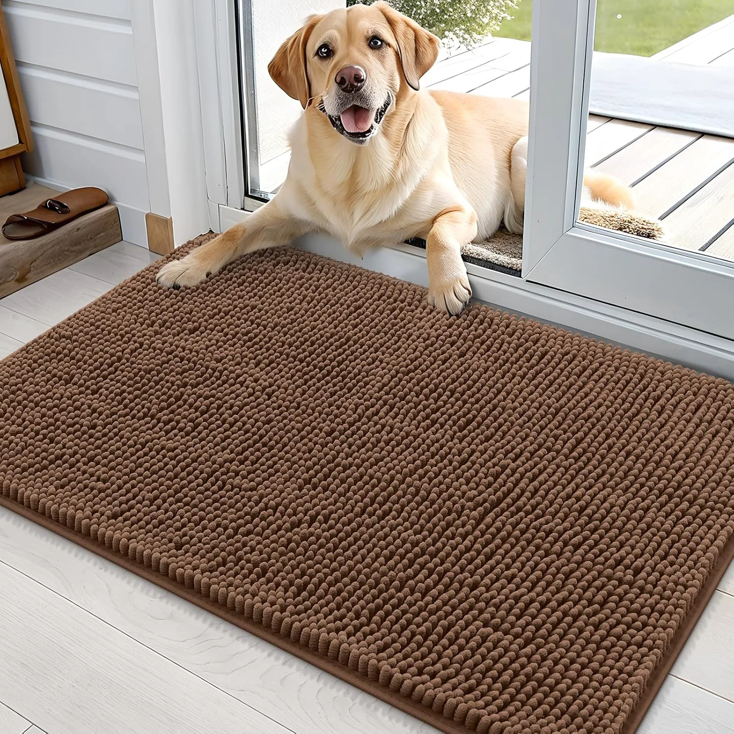 Eco-Friendly OLANLY Dog Door Mat for Muddy Paws 36x24 Absorbs Moisture and Dirt Absorbent Non-Slip Washable Doormat Quick Dry Chenille Mud Mat for Dogs Entry Indoor Entryway Carpet for Inside Floor Mocha Enhanced