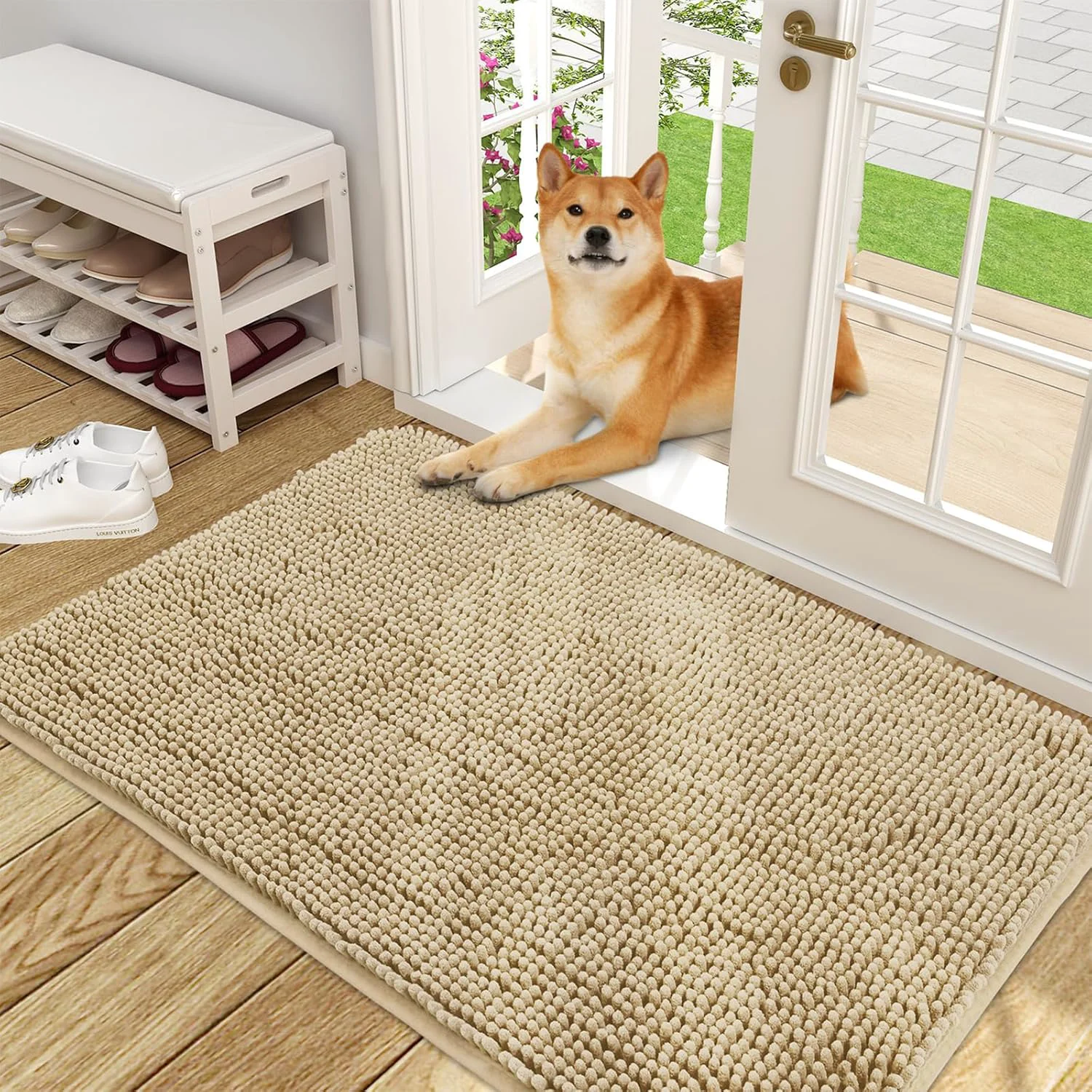 Crafted OLANLY Dog Door Mat for Muddy Paws 48x30 Absorbs Moisture and Dirt Absorbent Non-Slip Washable Doormat Quick Dry Chenille Mud Mat for Dogs Entry Indoor Entryway Carpet for Inside Floor Beige Organic