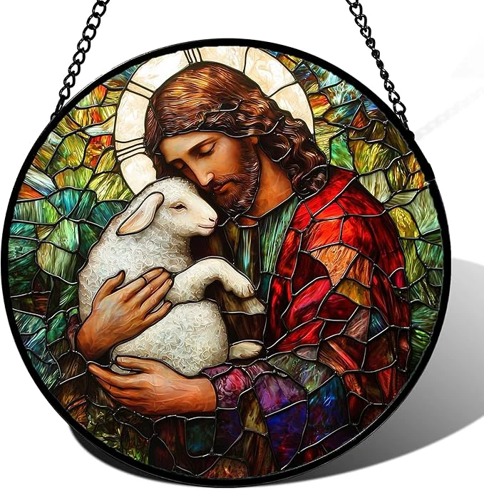 Unique Stained Glass Window Hanging Jesus Little Lamb Sun Catchers Colorful Glass Panel Christianity Suncatcher Decor for Birthday for Women Men Wife Aunt and Mom 14.9x14.9 inAbout This Authentic