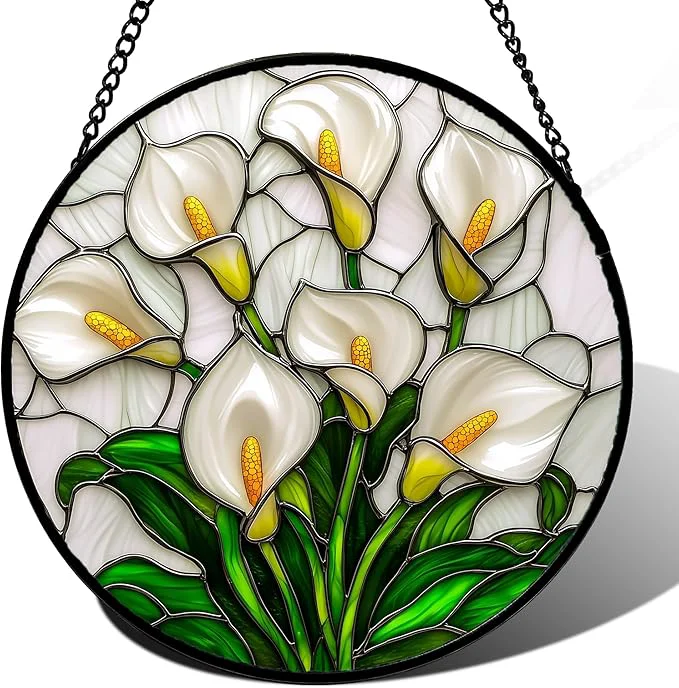 Versatile Stained Glass Window Hanging White Calla Lily Suncatcher Diamond Glass Panel Hangings Flowers Sun Catchers Decor for Birthday for Women Men Wife Aunt and Mom 14.9x14.9 inAbout This Specialty