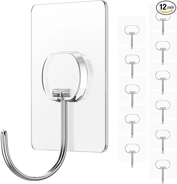 Advanced Large Adhesive Hooks for Hanging Heavy Duty Wall Hooks Self Adhesive Towel Coat Hooks Waterproof Transparent Hook for Bathroom Shower Kitchen Keys Door Outdoor Home Improvement Utility Hook 12 PackAbout ThisOverview Relaxed