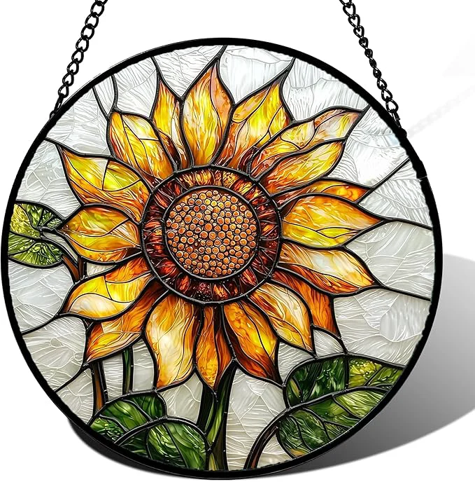 First-Class Stained Glass Window Hanging - Sunflower Flower Suncatcher Ready to Hang Window Doors Home Decoration and Christmas Mother's Day Birthday Gifts for Women Men and Mom 14.9x14.9 inAbout This Excellent