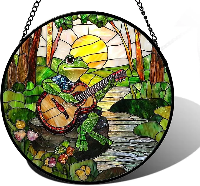 User-Friendly Stained Glass Window Hanging Frog Playing Guitar Suncatcher Diamond Glass Panel Funny Sun Catchers Decor for Birthday for Women Men Wife Aunt and Mom 6.3 inAbout This Organic