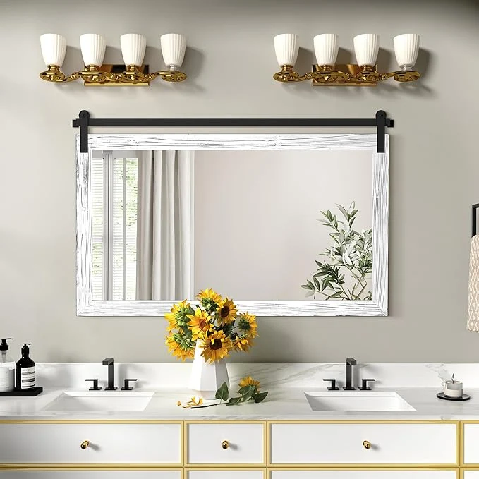 Durable COGOOD Farmhouse Bathroom Mirror - 45 x 30 Large Rectangle Barn Door Mirror for Vanity Bedroom Living Room Wall Decor White About ThisOverview Responsible