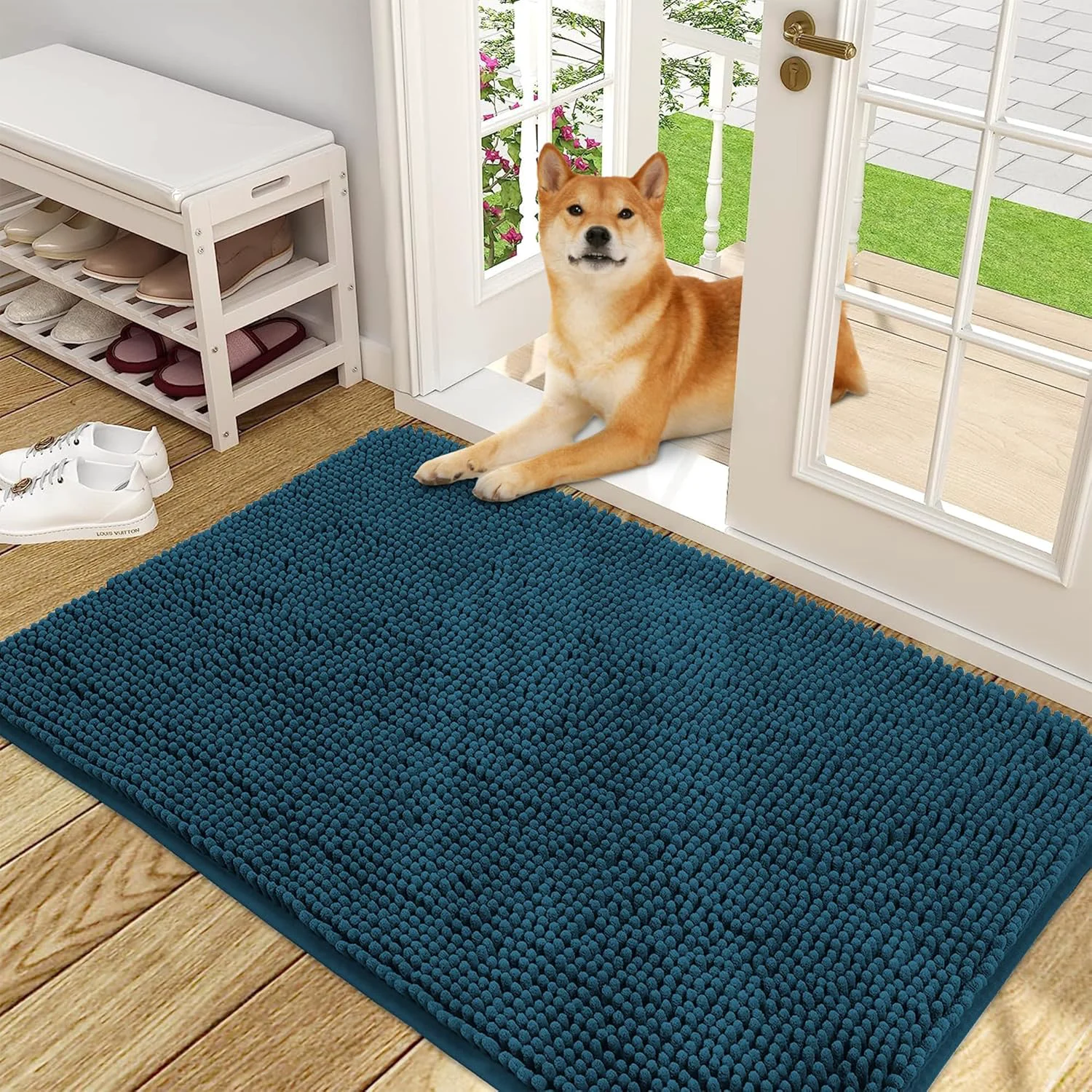 Fashionable OLANLY Dog Door Mat for Muddy Paws 48x30 Absorbs Moisture and Dirt Absorbent Non-Slip Washable Doormat Quick Dry Chenille Mud Mat Entry Indoor Entryway Carpet for Inside Floor Atlantic Blue Fine