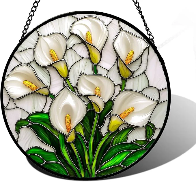 Smooth Stained Glass Window Hanging White Calla Lily Suncatcher Diamond Glass Panel Hangings Flowers Sun Catchers Decor for Birthday for Women Men Wife Aunt and Mom 7.8 inAbout This Elegant
