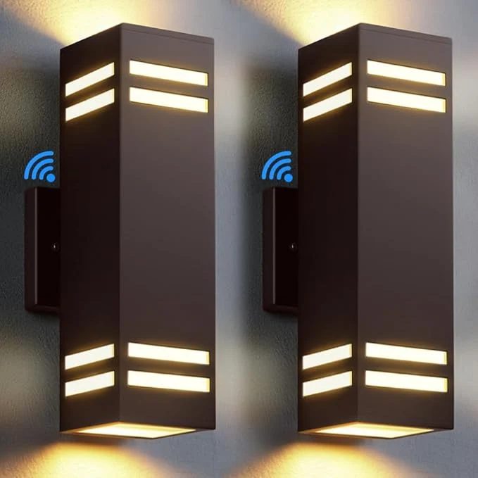 Genuine SHIMR Dusk to Dawn Outdoor Wall Lights 2 Pack Exterior Lighting Fixtures with Oil Rubbed Bronze Finish Square Outdoor Sconce Lights Up and Down Lights for House Porch Patio ETL Listed About ThisOverview Trusted