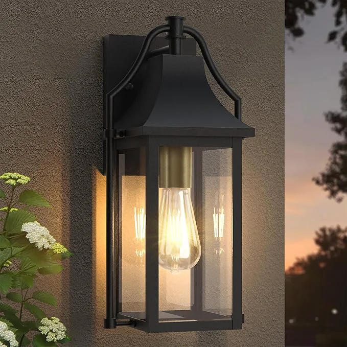Top-Quality Dusk to Dawn Outdoor Wall Light Waterproof Wall Sconces Exterior Wall Mount Lantern Sconce with Glass Black Patio Lanterns for House Garage Front Door 14.8in 1 PcakAbout ThisOverview Selected