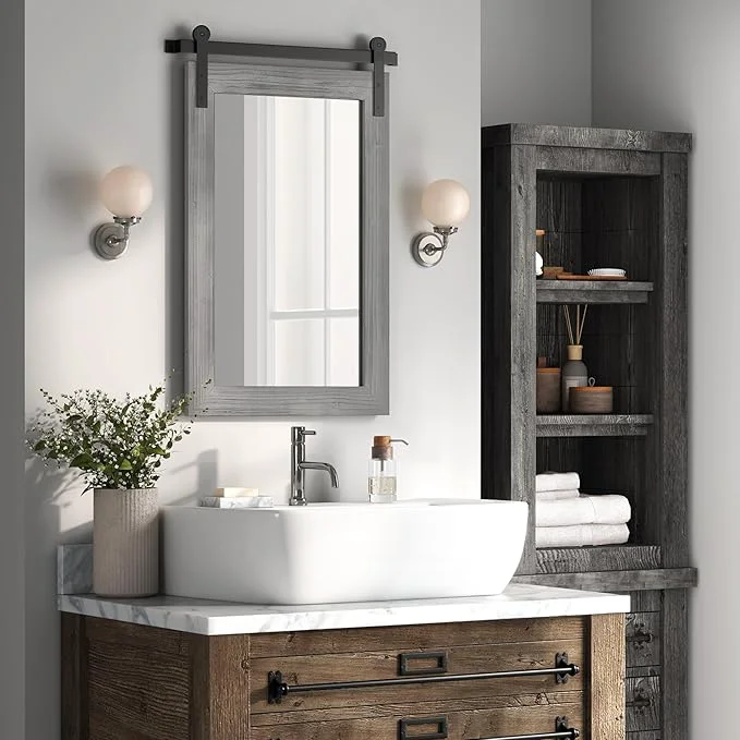 Stylish COGOOD Farmhouse Barn Door Mirror - 17 x 26 Rustic Wood Framed Wall Mirror for Bathroom Living Room Entryway Wall Decor Grey About ThisOverview Healthy