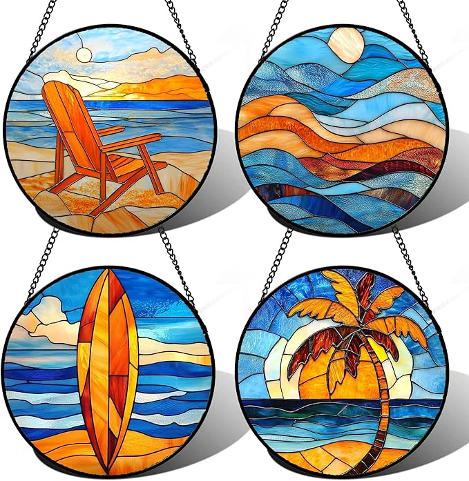Outstanding Stained Glass Window Hanging 4 Pcs Set Blue Orange Ocean Beach Theme 9.8 - Suncatcher Door Garden Sun Catcher Decor Birthday Christmas for Mom Woman Nana Men WifeAbout This Fine Crafted
