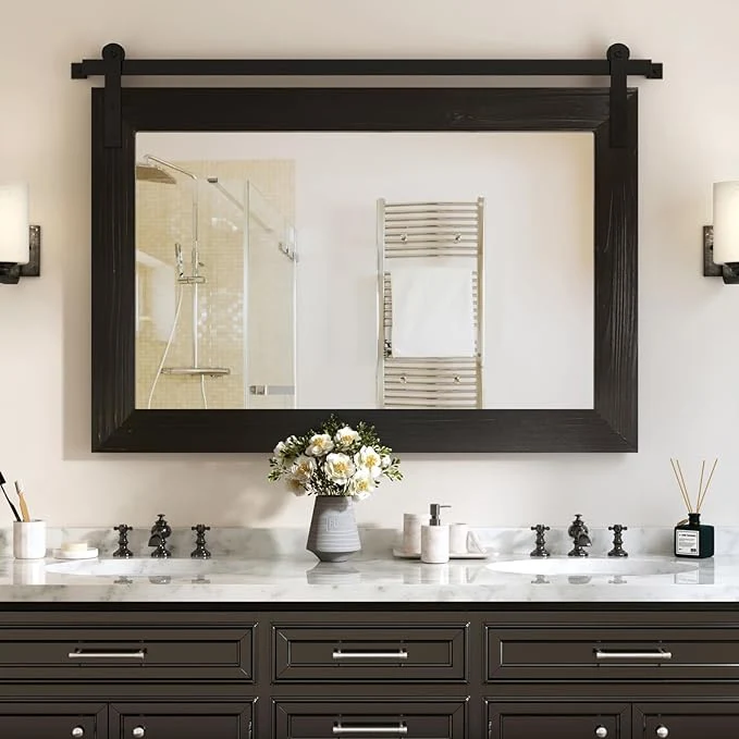Authentic COGOOD Farmhouse Barn Door Mirror - 41 x 26 Rustic Wood Framed Wall Mirror for Bathroom Living Room Entryway Wall Decor Black About ThisOverview Superior