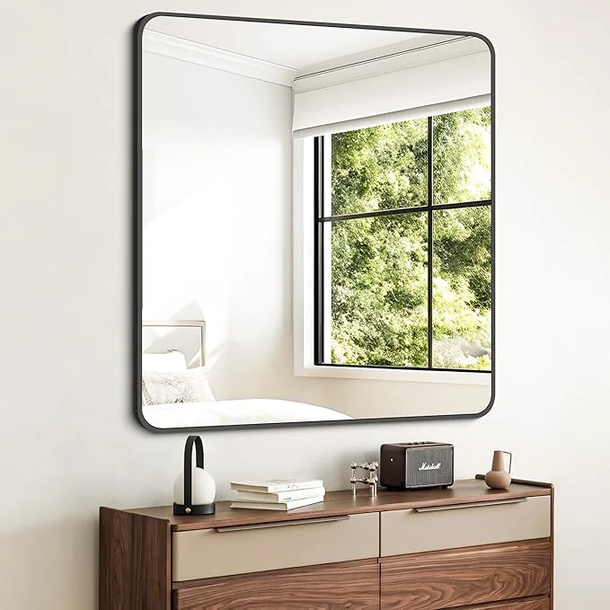 Dependable FORBATH Bathroom Mirror 36 x 36 ，Large Square Wall Mirror with Black Aluminum Frame Rounded Corner Wall Mounted Mirror for Bathroom Bedroom Entryway Living RoomAbout ThisOverview Casual