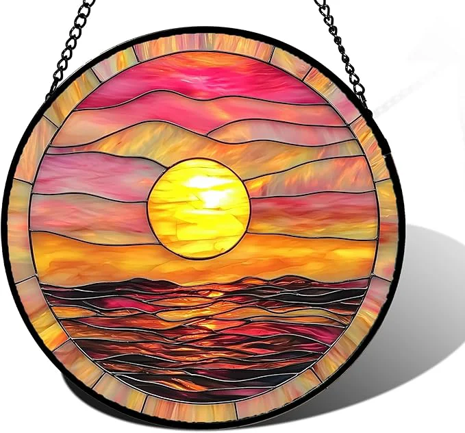 Solid Stained Glass Window Hanging Sunrise Sea Surface Sun Catchers Diamond Glass Panel Hangings Abstract Suncatcher Decor for Birthday for Women Men Wife Aunt and Mom 6.3 inAbout This Breathable