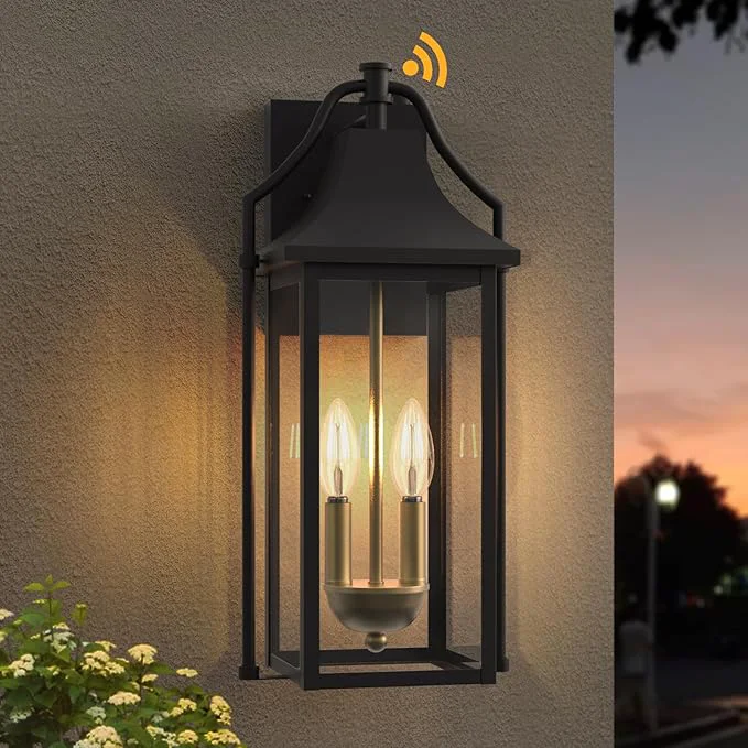 Clean 𝟏𝟖𝑰𝑵 Outdoor Wall Sconce Fixture Dusk to Dawn Patio Lights Waterproof Exterior Lanterns 2-Light Modern Wall Lights Mounted with Glass Black Outside Light for House Front Door DecorAbout ThisOverview Stylish