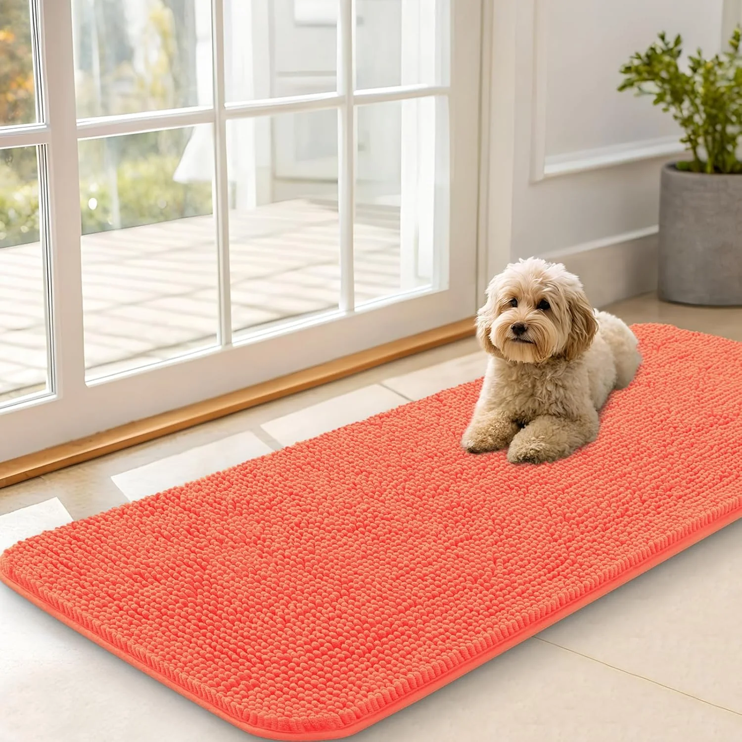Selected OLANLY Dog Door Mat for Muddy Paws 47x20 Absorbs Moisture and Dirt Absorbent Non-Slip Washable Doormat Quick Dry Chenille Mud Mat for Dogs Entry Indoor Entryway Carpet for Inside Floor Coral Top-Quality