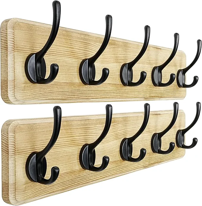 Enhanced Dseap Coat Rack Wall Patented Heavy-Duty 5-Double-Hooks Wooden Wall Mounted Coat Rack Coat Hanger Hook Rail for Winter Coats Hat Jacket Clothing Light Brown Pack of 2About ThisOverview Stylish