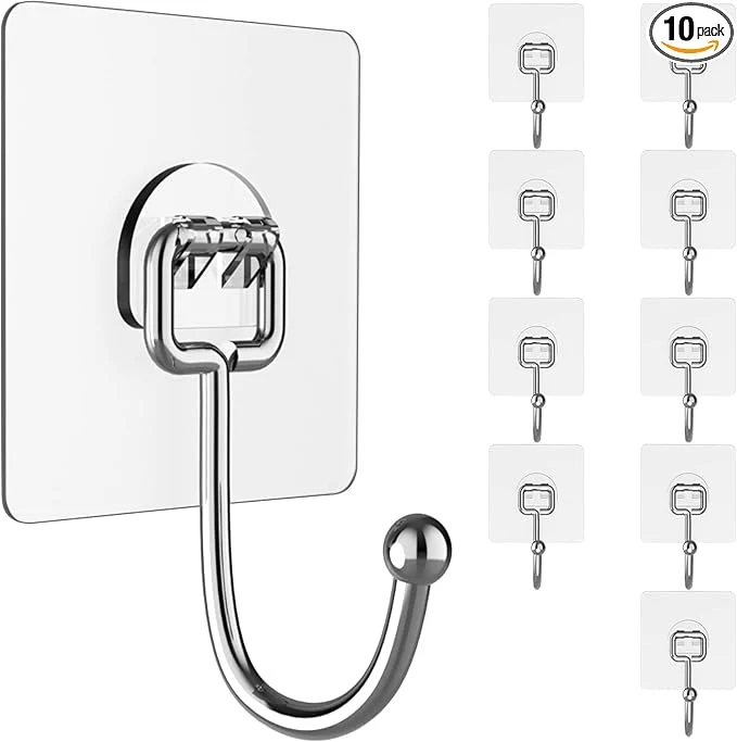 Solid Large Hooks for Hanging Heavy-Duty 44Ib Max 10 Packs Wall Hangers without Nails Self-Adhesive Traceless Clear and Removable Waterproof and Rustproof Multiple Uses for Bathroom Kitchen HomeAbout ThisOverview Sustainable