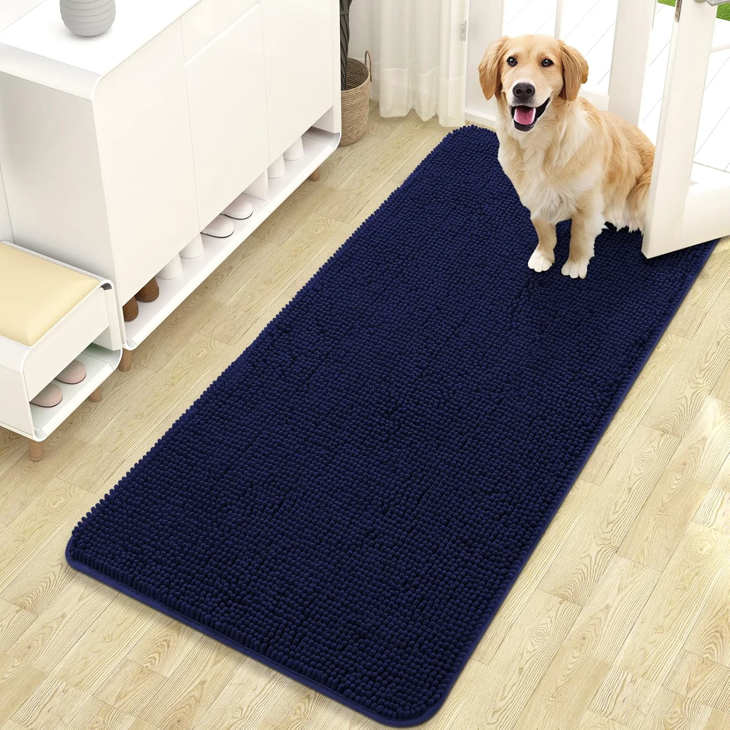 Safe OLANLY Dog Door Mat for Muddy Paws 47x24 Absorbs Moisture and Dirt Absorbent Non-Slip Washable Doormat Quick Dry Chenille Mud Mat for Dogs Entry Indoor Entryway Carpet for Inside Floor Navy Blue Sustainable